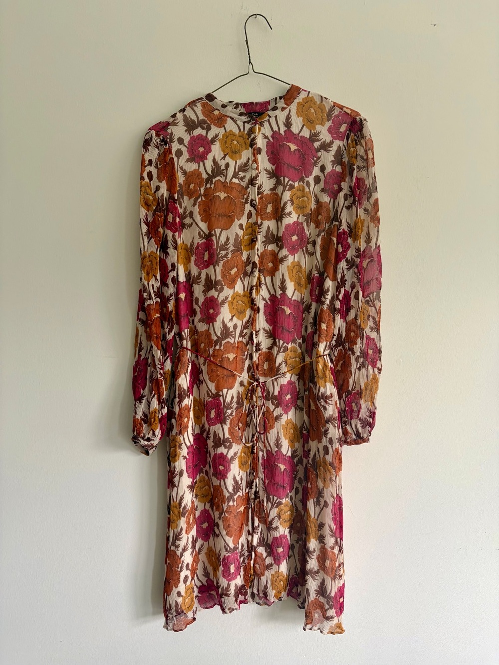 Massimo Dutti Long Sleeve Floral Midi Dress in Pink, Orange, Yellow on Cream